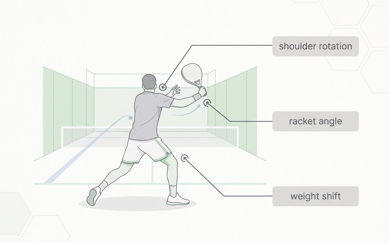 A diagram showing which visual cues to watch on an opponent before contact: shoulder rotation, racket angle, and weight transfer