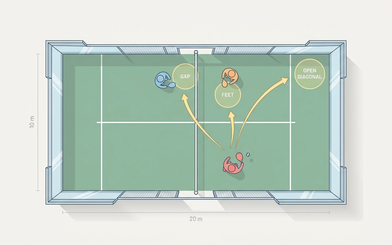 Diagram of three smash targets: the gap between opponents, the nearer opponent's feet, and the open diagonal